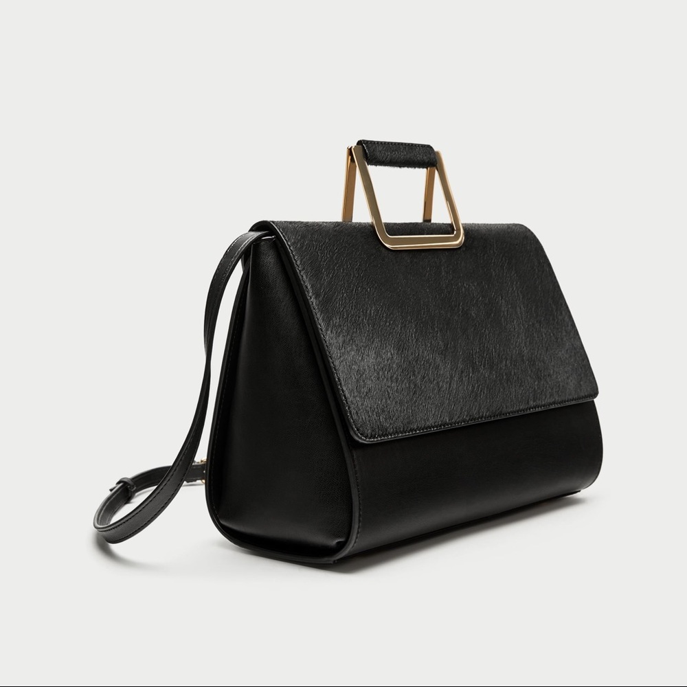 NWT ZARA CITY BAG FAUX FUR FLAP AND METAL HANDLES